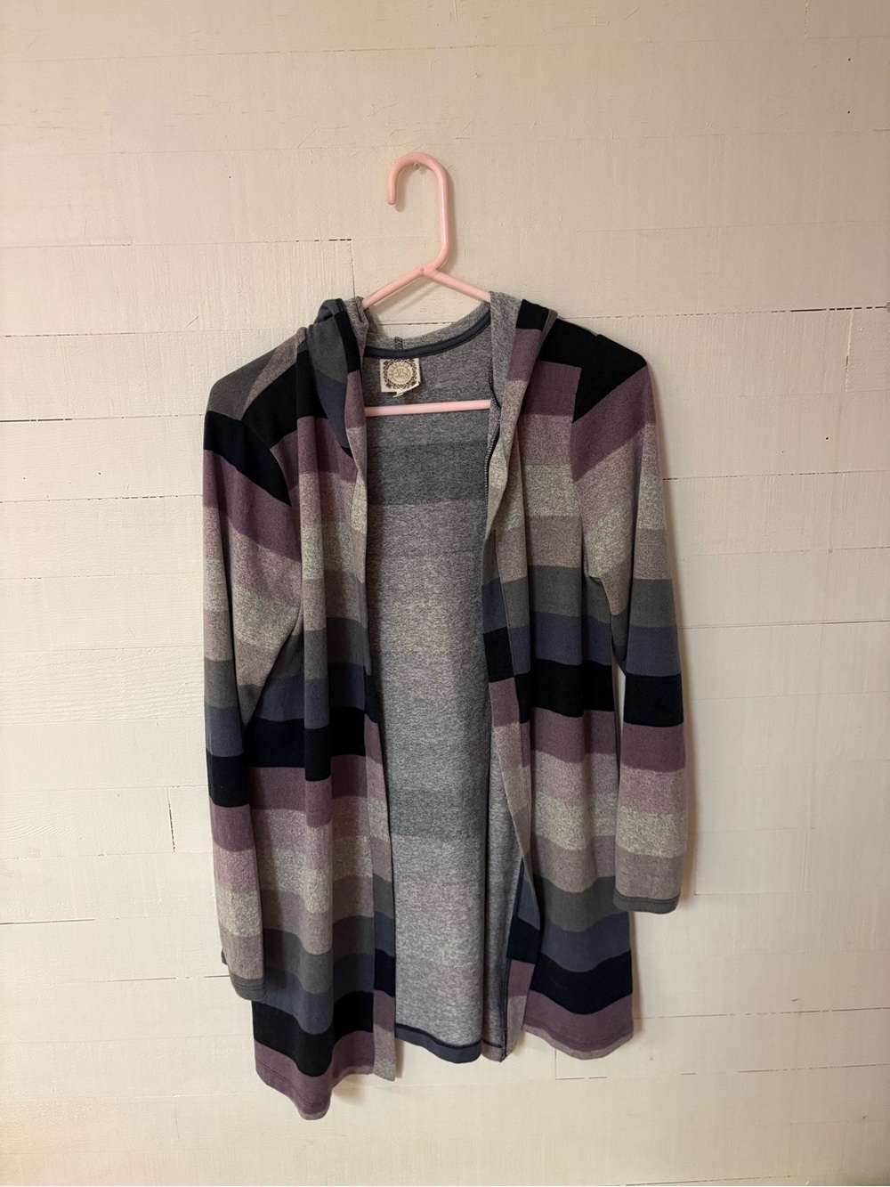 Tru Self California Size L Striped Hooded Open Front Cardigan Purple Gray
